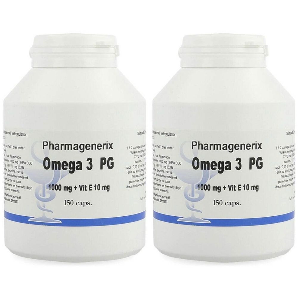Deux flacons blancs avec étiquettes. Les étiquettes indiquent "Pharmagenerix Omega 3 PG", "1000 mg + Vit E 10 mg" et "150 caps.".