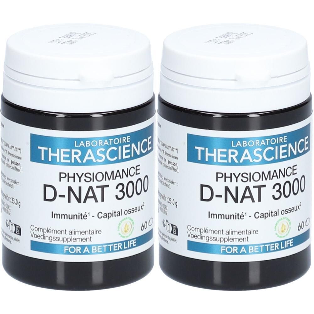 Twee potten Physiomance D-Nat 3000. Zwarte containers met witte deksels. Blauwe etiketten met tekst: Therascience, D-Nat 3000, 60 capsules.