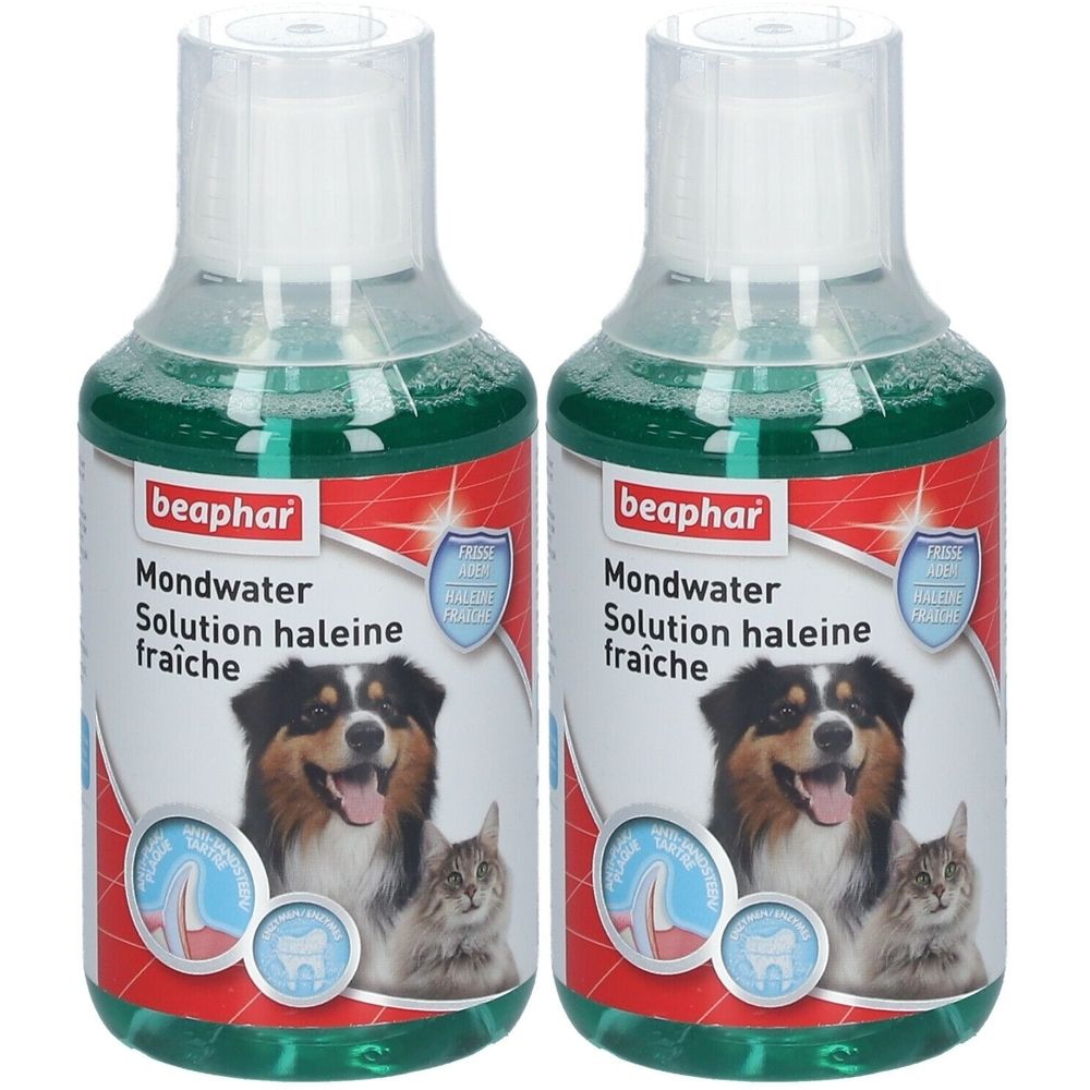 Deux flacons de liquide vert. Inscription : Beaphar, Mondwater, Solution haleine fraîche. Image d'un chien et d'un chat.
