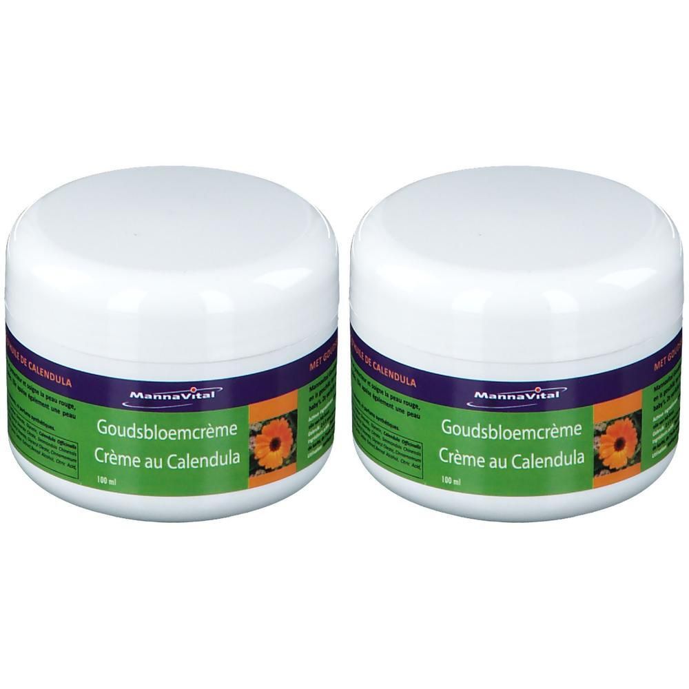 Deux pots blancs avec étiquettes violettes et vertes. Inscription: MannaVital Crème au Calendula. Image de calendula.