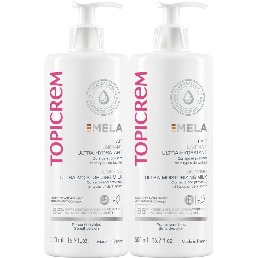 Twee witte flessen met pomp. Opschrift TOPICREM, MELA, Lait Unifiant Ultra-Hydratant SPF 15. Tekst in het Frans en Engels.