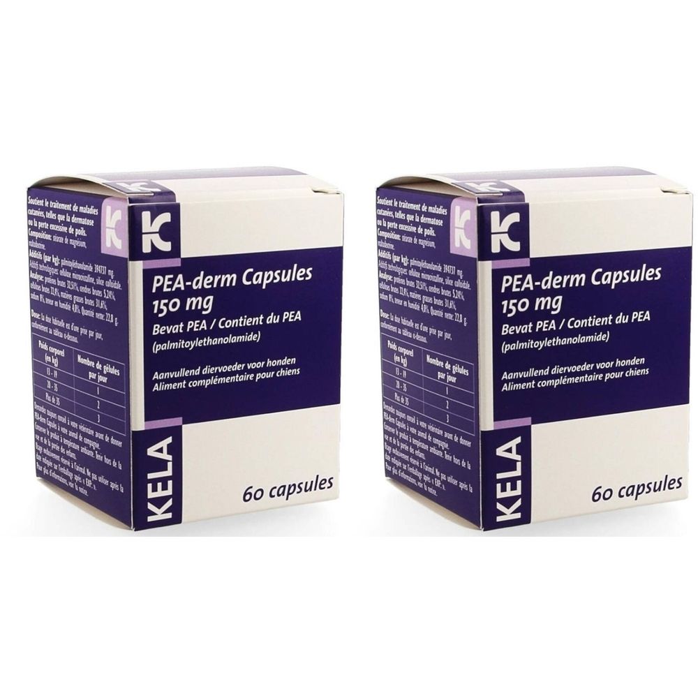Twee dozen PEA-derm Capsules 150 mg. Opschrift: Bevat PEA, 60 capsules. Merk KELA. Paars en wit design.
