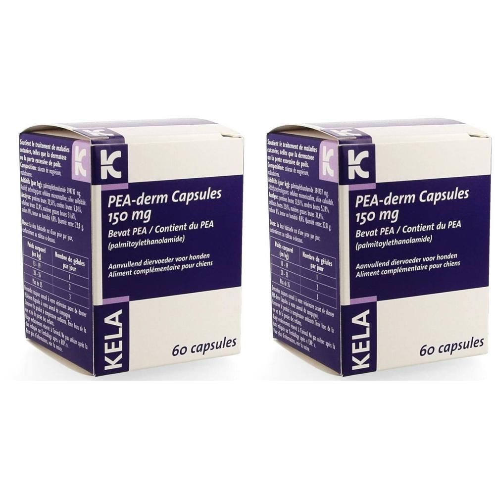 Twee dozen KELA PEA-derm Capsules 150 mg. Paars en wit ontwerp. Bevat 60 capsules.