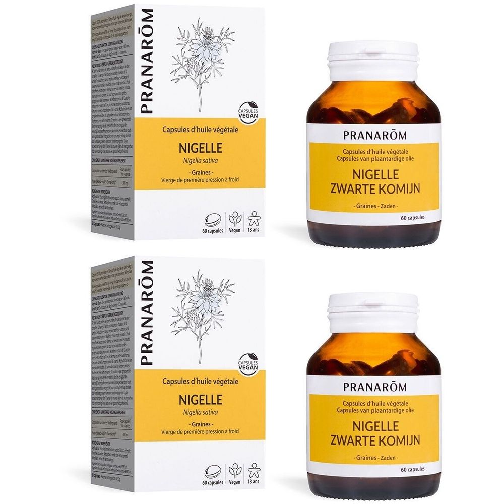 Deux boîtes et deux flacons de gélules. Inscription : Nigelle, Capsules d'huile végétale, label Vegan.