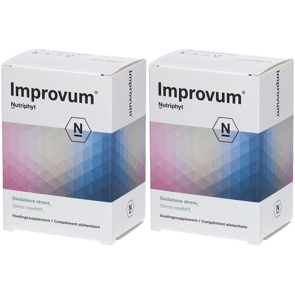 Deux boîtes blanches avec "Improvum Nutriphyt". Inscriptions : "Stress oxydatif" et "Voedingssupplement / Complément alimentaire". Logo "N".
