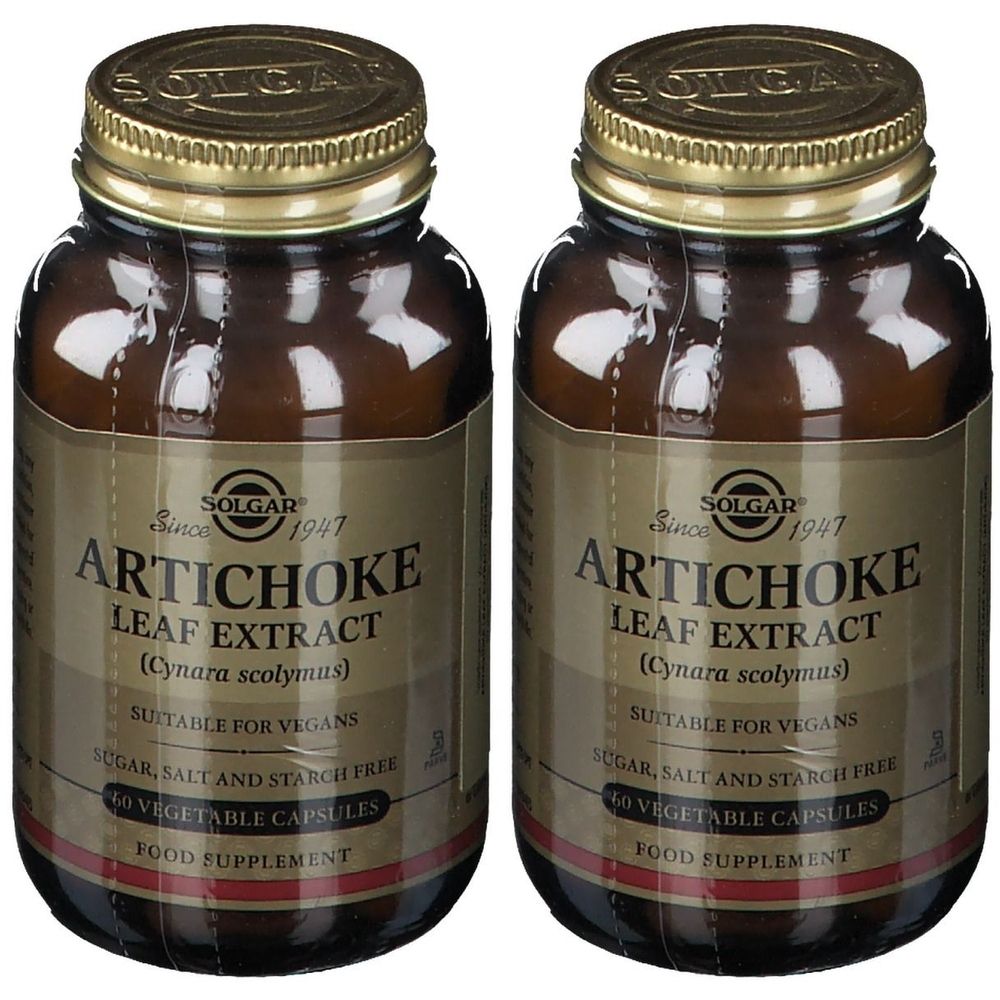 Twee bruine glazen flessen met gouden doppen. Labels tonen "ARTICHOKE LEAF EXTRACT" en "SOLGAR".