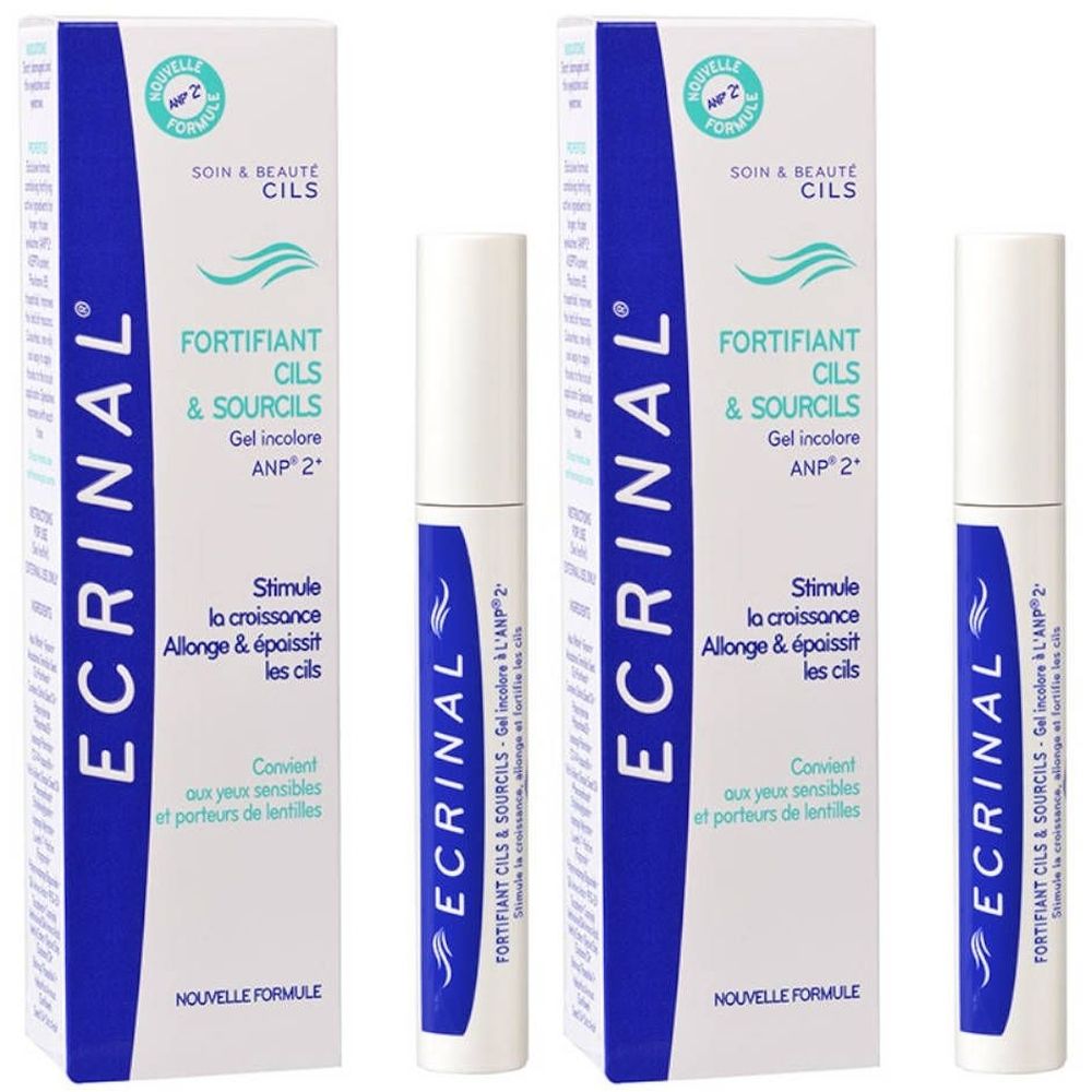 Deux boîtes et un produit Ecrinal. Inscription: Fortifiant Cils & Sourcils. Emballage blanc avec texte bleu.