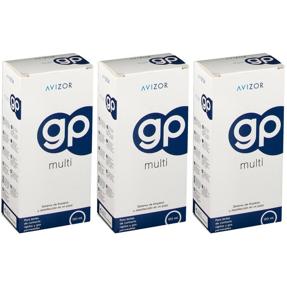 Drie witte dozen met blauw logo "gp multi" en tekst "AVIZOR". Spaanse tekst. 120 ml.