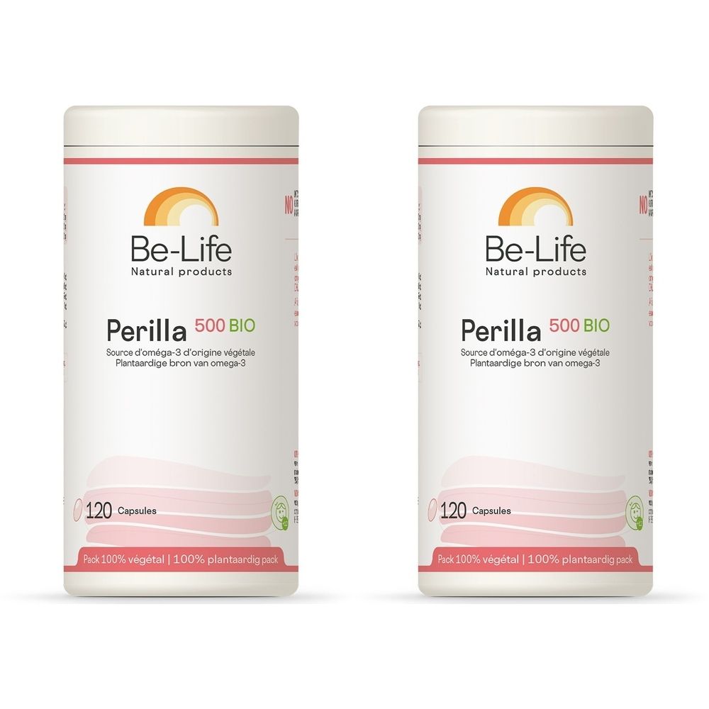 Twee witte potten met de tekst "Be-Life Perilla 500 BIO". Elke pot bevat 120 capsules. Opschrift: "100% vegetal".