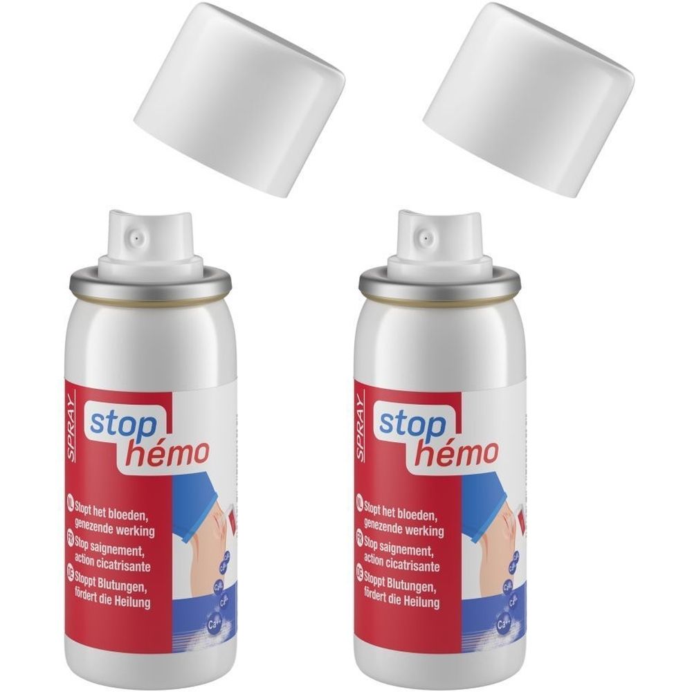 Twee sprays met witte doppen. Opschrift "stop hémo" en productinformatie op rode achtergrond.