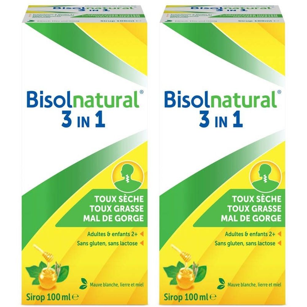 Boîte de sirop Bisolnatural 3 en 1. Texte: Toux sèche, toux grasse, mal de gorge. Sans gluten, sans lactose.