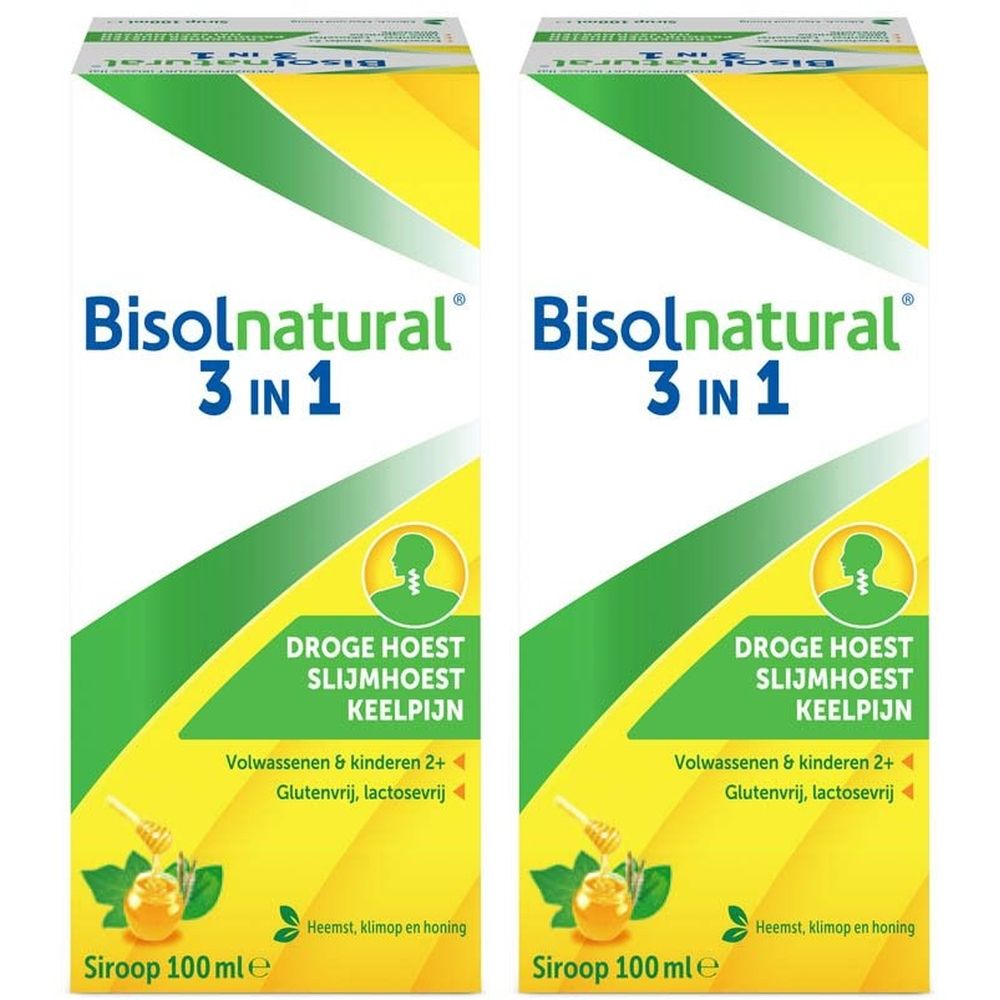 Verpakking Bisolnatural 3 in 1. Tekst: Droge hoest, slijmhoest, keelpijn. Glutenvrij, lactosevrij.