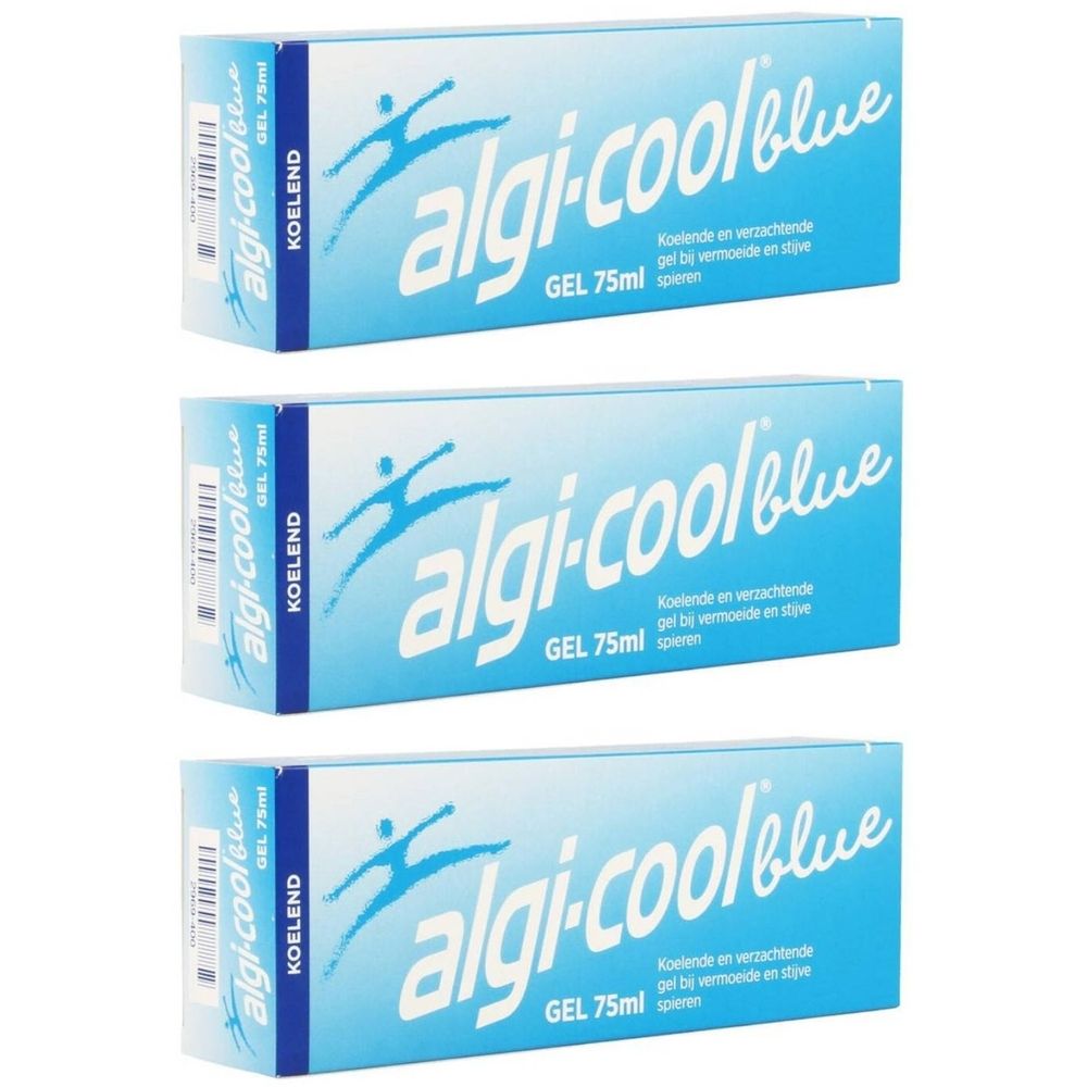 Drie blauwe dozen met de productnaam algi-cool blue en de tekst GEL 75ml. Tekst in het Nederlands.