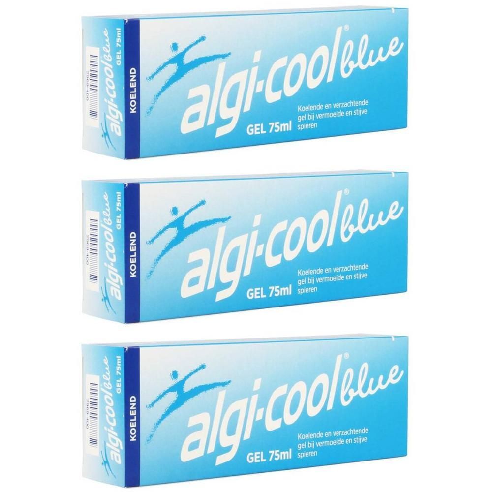 Drie blauwe dozen met witte tekst en logo. Opschrift: algi-cool blue GEL 75ml.