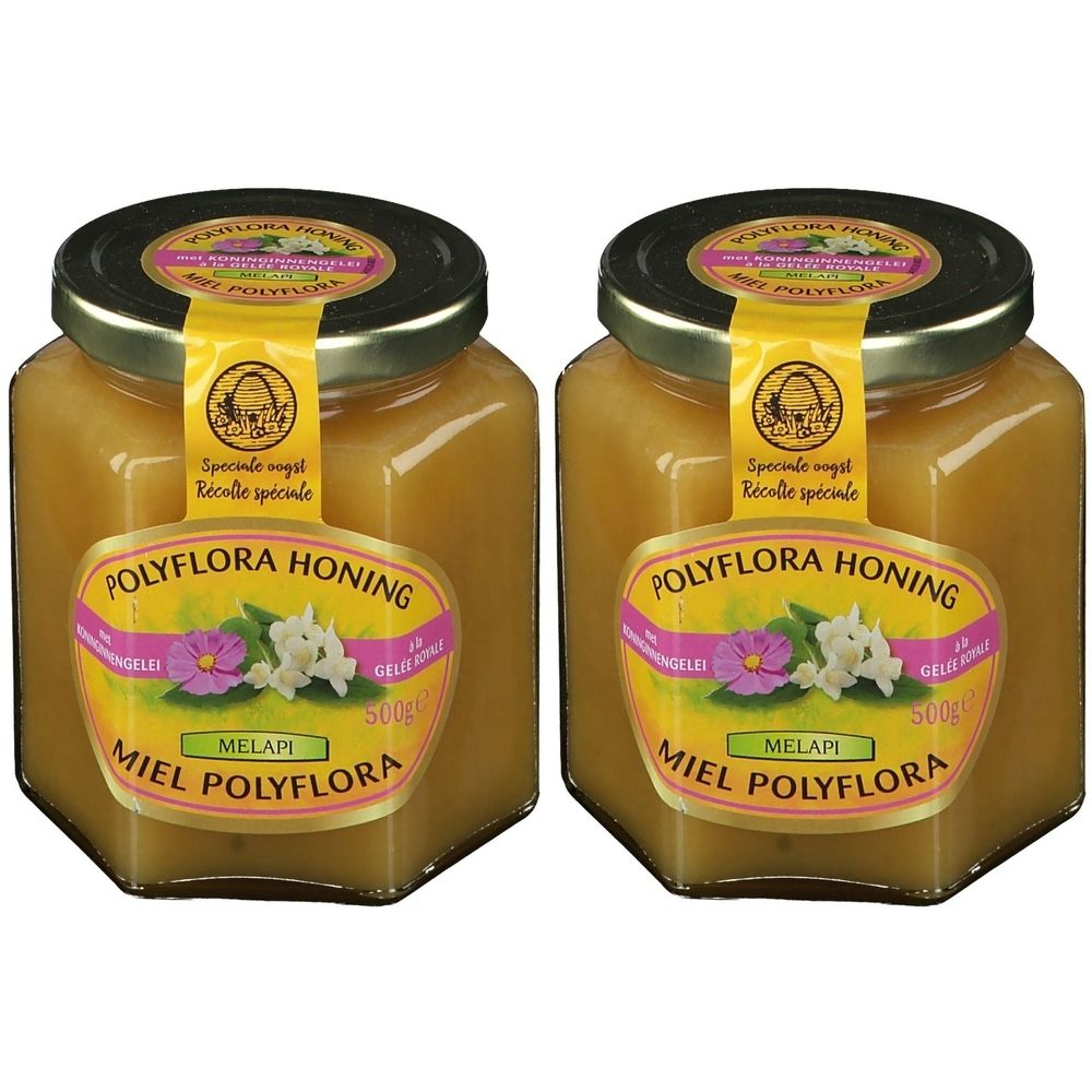Twee potten honing. Opschrift: POLYFLORA HONING, MIEL POLYFLORA, MELAPI. Etiket met bloemenmotief en tekst.