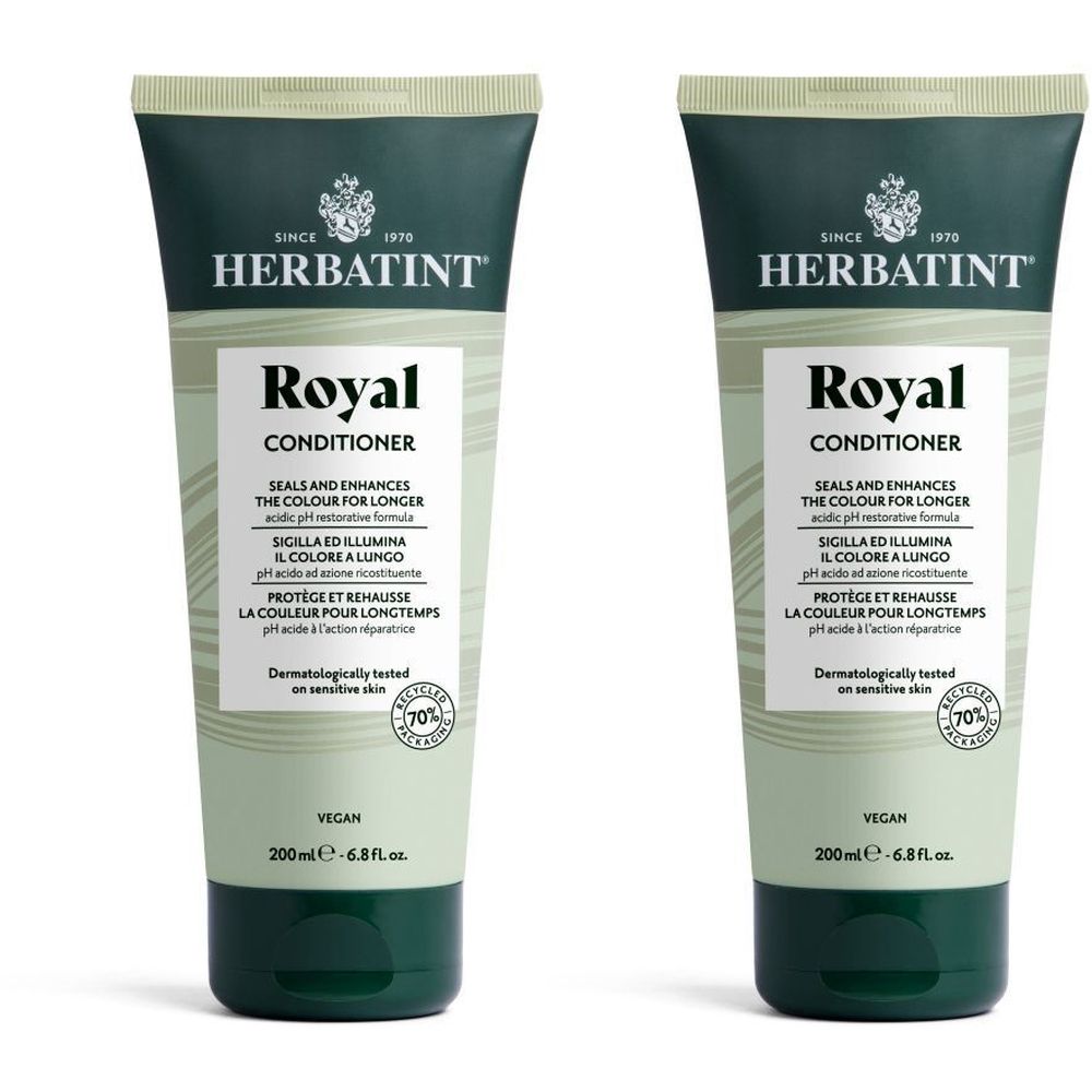 Twee tubes Herbatint Royal Conditioner. Groen-wit ontwerp. Tekst: Royal Conditioner, 200ml, vegan, dermatologisch getest.