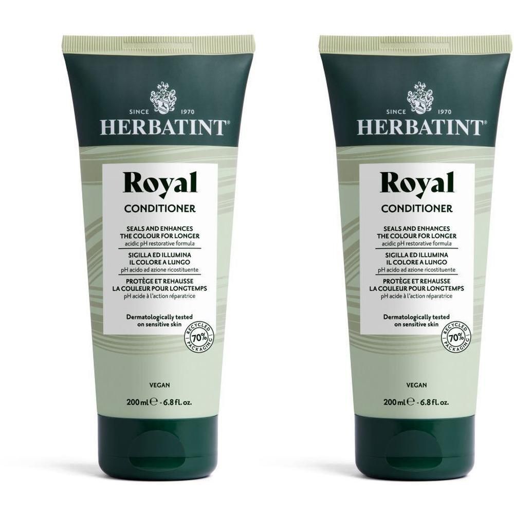 Twee tubes Herbatint Royal Conditioner. Groen-wit ontwerp, zwarte tekst. Vegan, dermatologisch getest. 200ml.