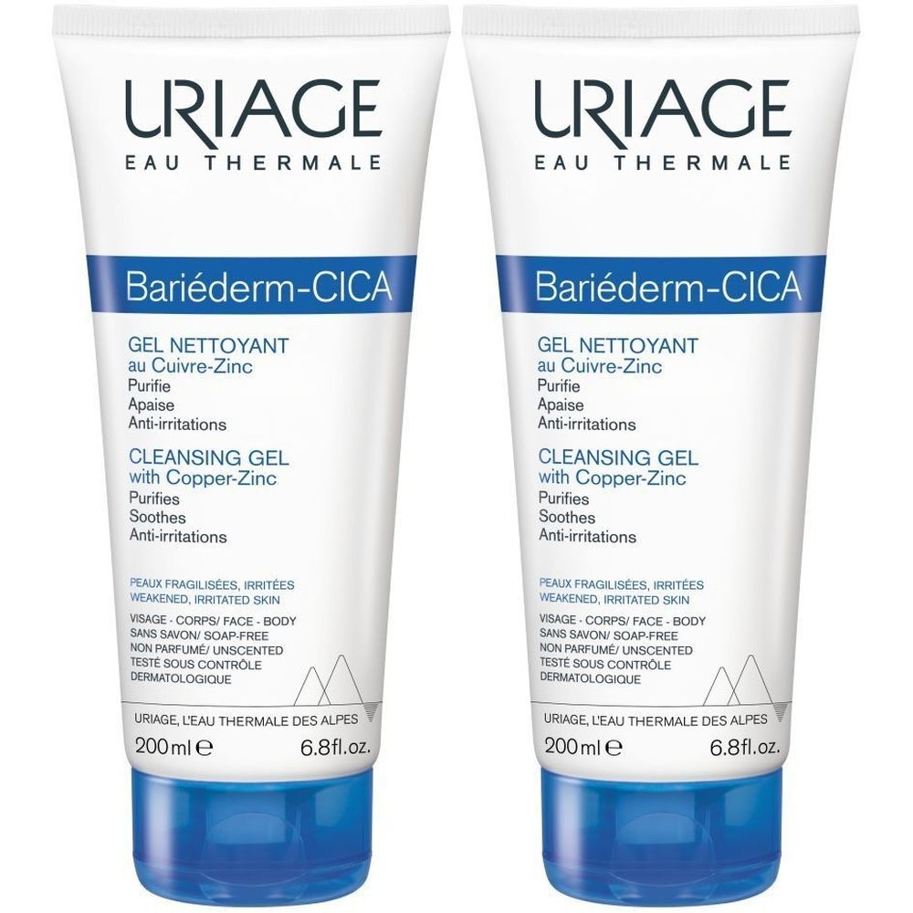 Twee tubes Uriage Bariéderm-CICA reinigingsgel. Wit met blauwe accenten. Tekst: Uriage, Bariéderm-CICA, Gel Nettoyant, 200 ml.