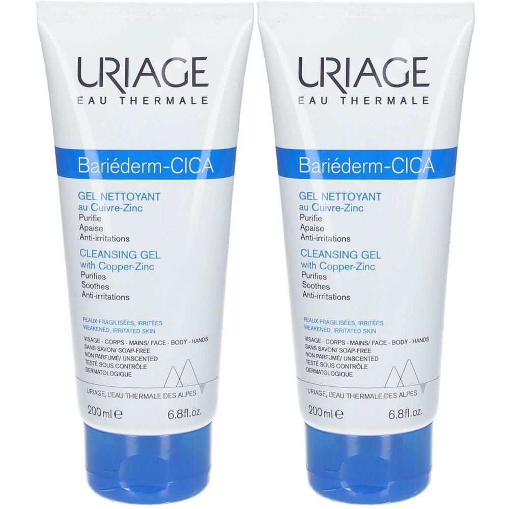 Deux tubes de gel nettoyant Uriage Bariéderm-CICA. Blanc, bouchon bleu. Texte: Gel nettoyant au cuivre-zinc, 200ml.
