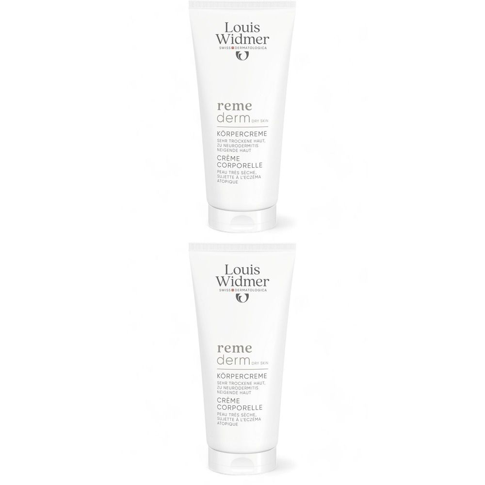 Twee tubes Louis Widmer Remederm bodycrème. Witte tubes met tekst en logo. Productnaam en overige informatie zichtbaar.