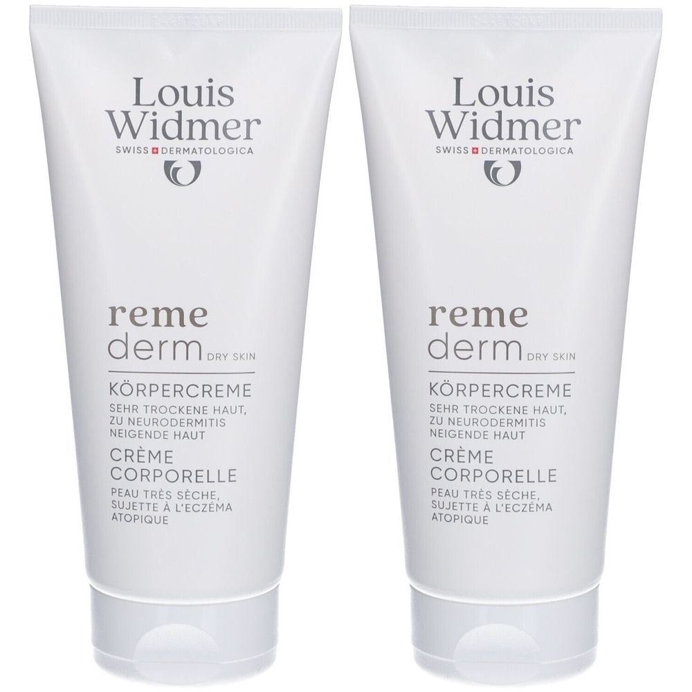 Deux tubes de crème pour le corps Louis Widmer Remederm. Tubes blancs avec texte gris. Nom du produit et logo visibles.
