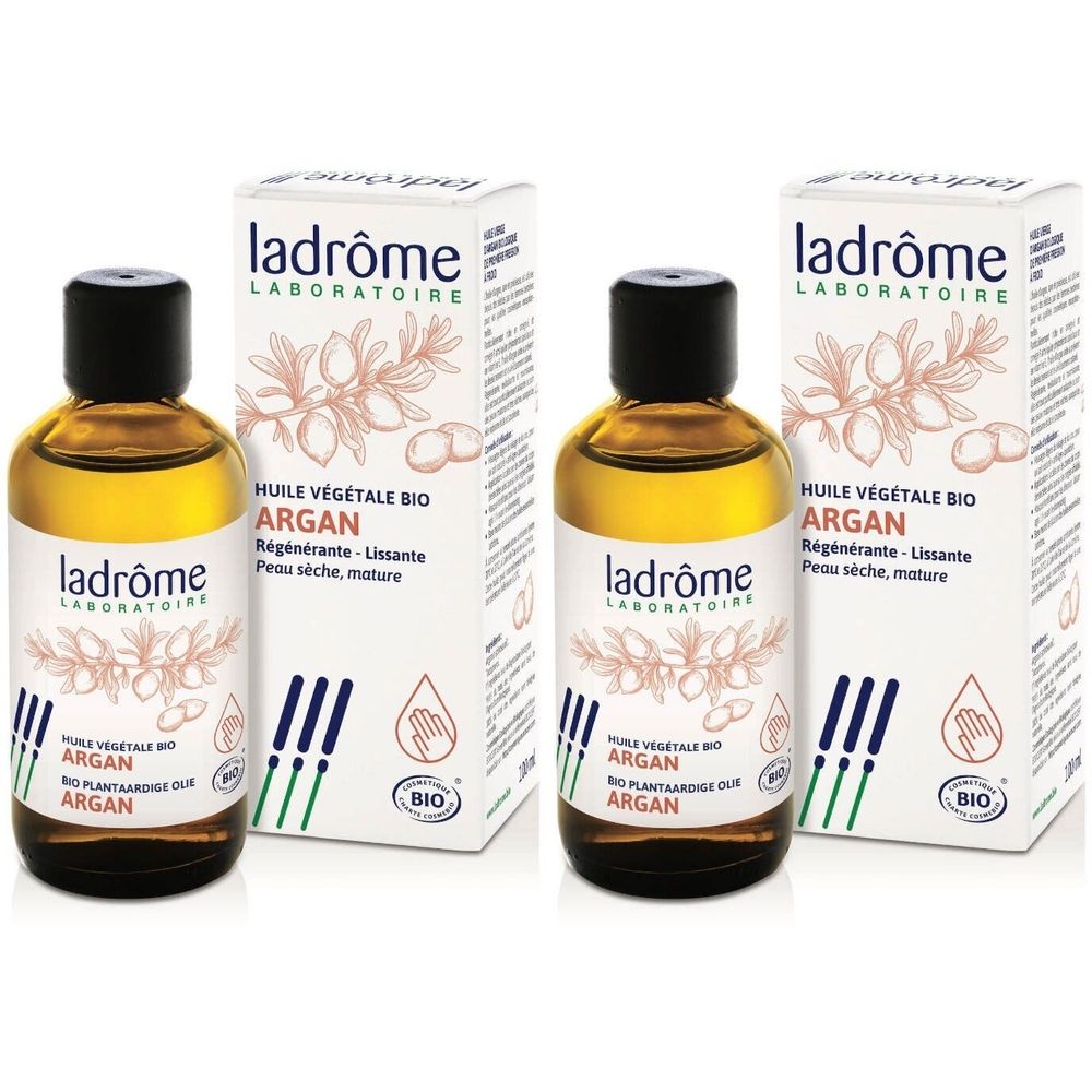 Twee flessen en twee dozen van het product. Op de flessen en dozen staat "ladrôme LABORATOIRE". Op de dozen staat "HUILE VÉGÉTALE BIO ARGAN".