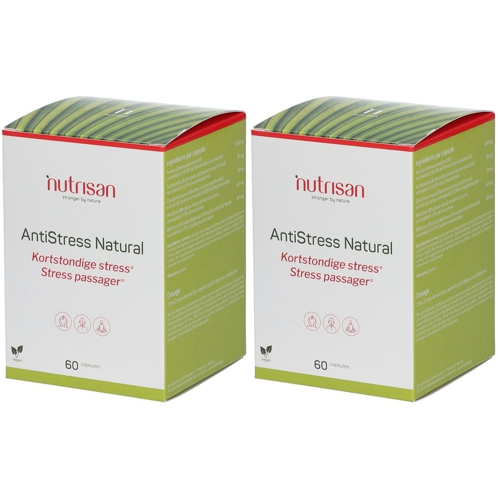 Deux boîtes de Nutrisan AntiStress Natural. Inscription : AntiStress Natural, Kortstondige stress, Stress passager. Chaque boîte contient 60 comprimés.