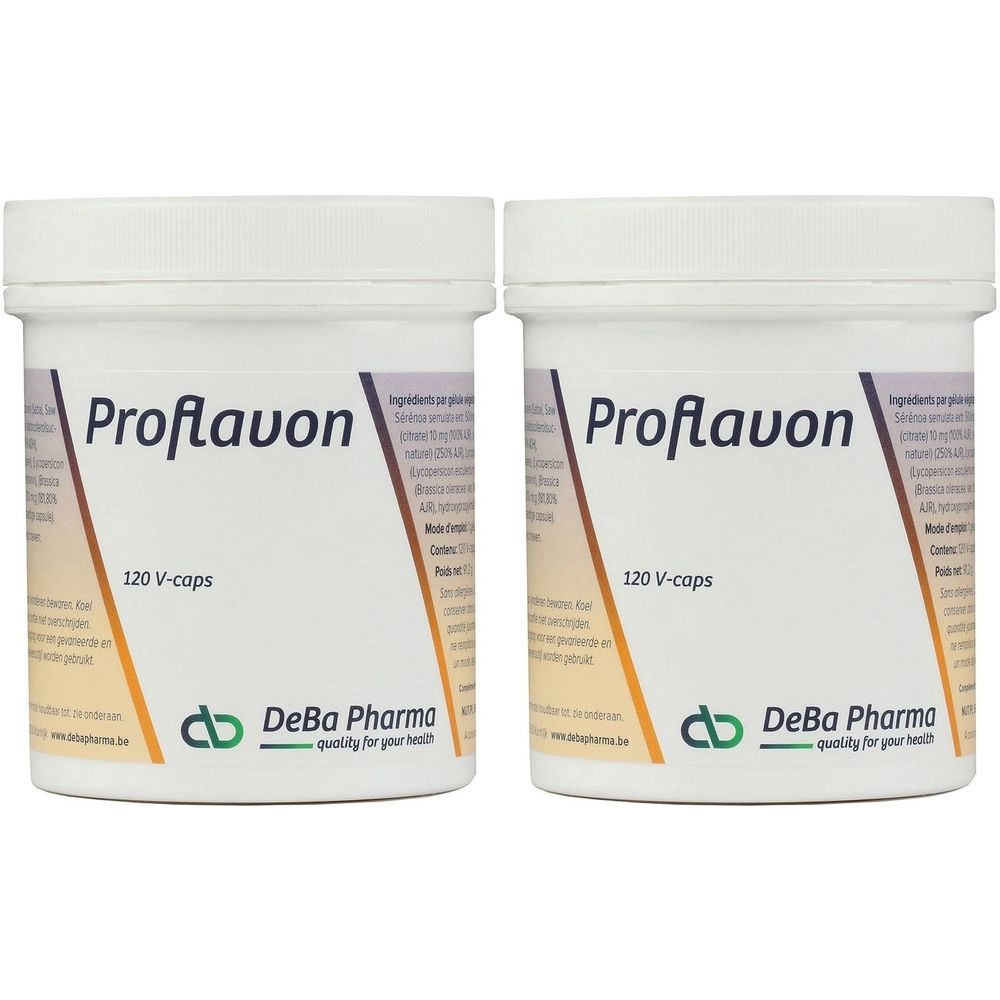 Twee witte potten met de tekst "Proflavon" en "120 V-caps". Het logo van DeBa Pharma is ook zichtbaar.