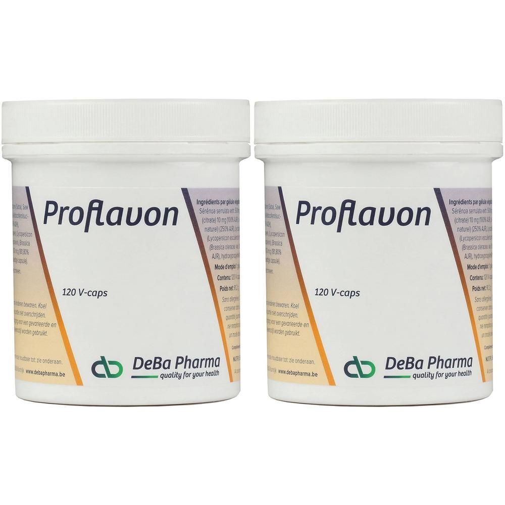 Twee witte potten met "Proflavon" en "120 V-caps". Logo DeBa Pharma. Product zichtbaar.