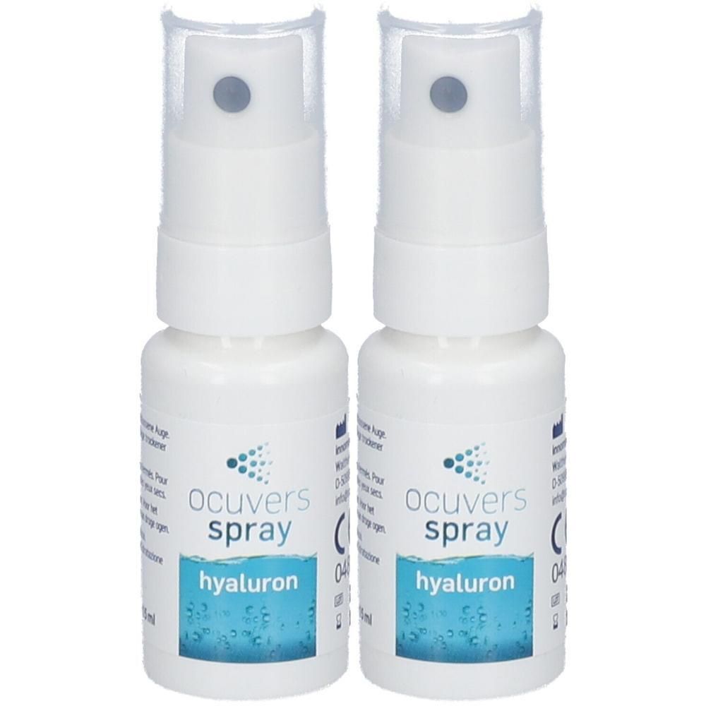 Deux flacons spray blancs avec étiquette bleue. Inscription: Ocuvers Spray Hyaluron. Tête de pulvérisation grise.