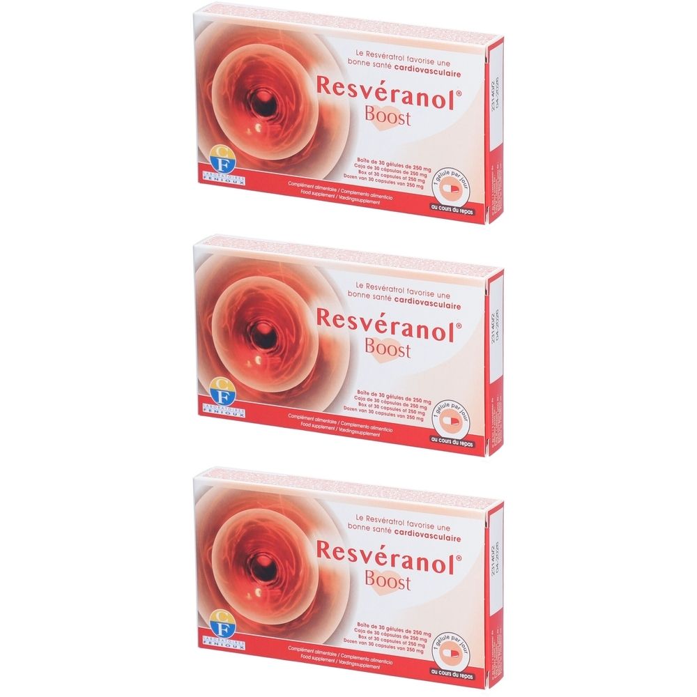 Drie dozen Resvéranol Boost. De productnaam staat op elke doos, met een rood, rond ontwerp.