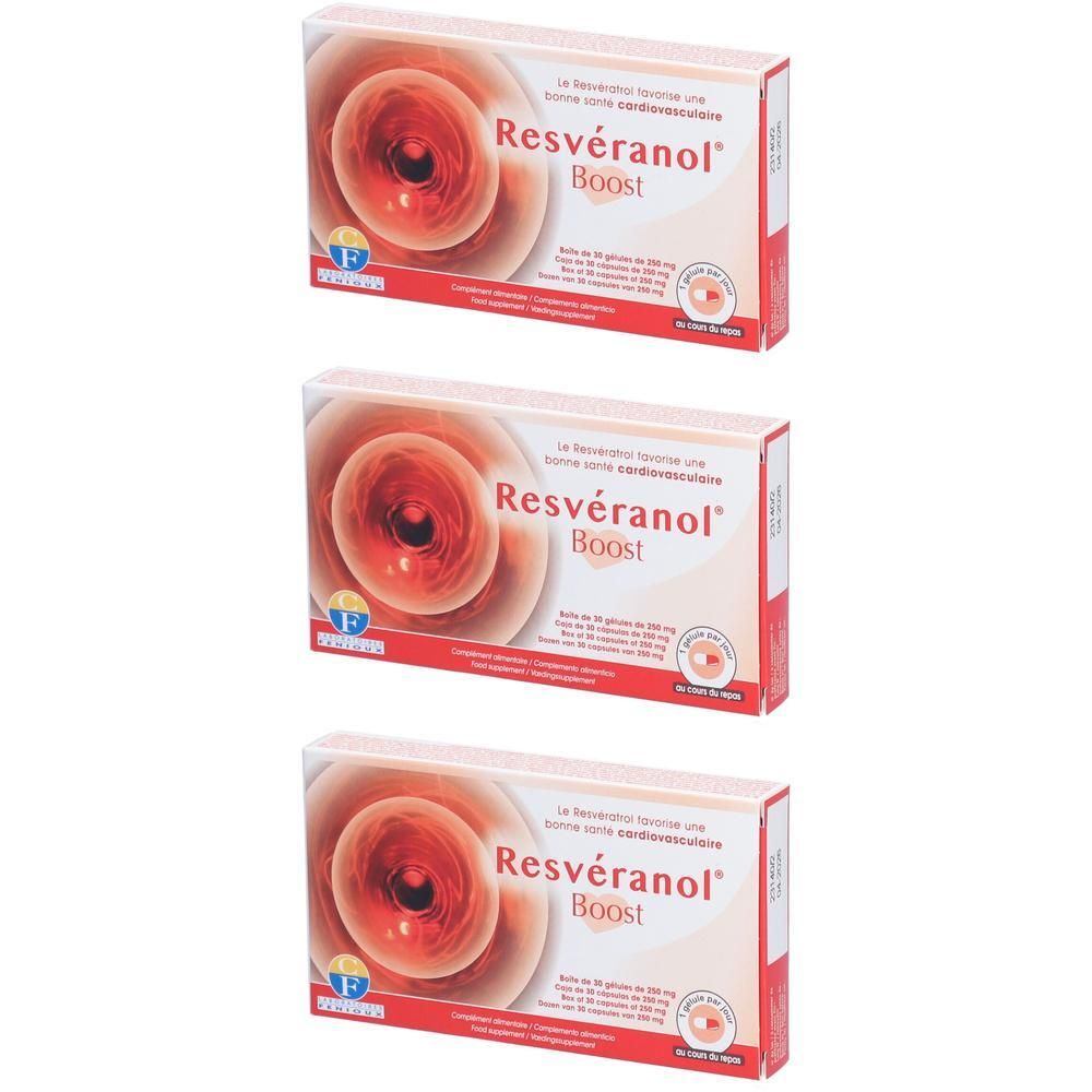 Trois boîtes de Resvéranol® Boost. Emballage blanc avec design rouge. Texte: Resvéranol® Boost et autres textes en français.