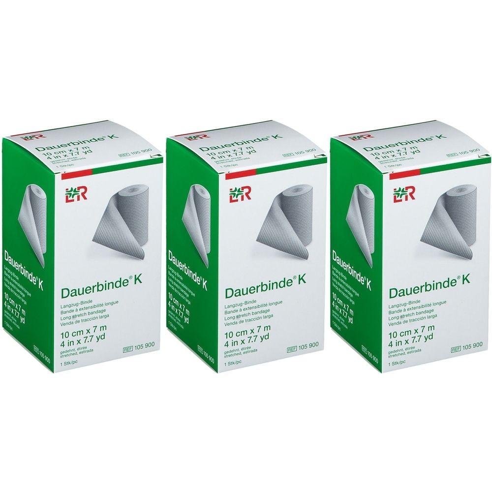 Drie groene dozen met Dauerbinde K. Opschrift: 10 cm x 7 m. Merk: Lohmann & Rauscher. Rolverband afgebeeld.