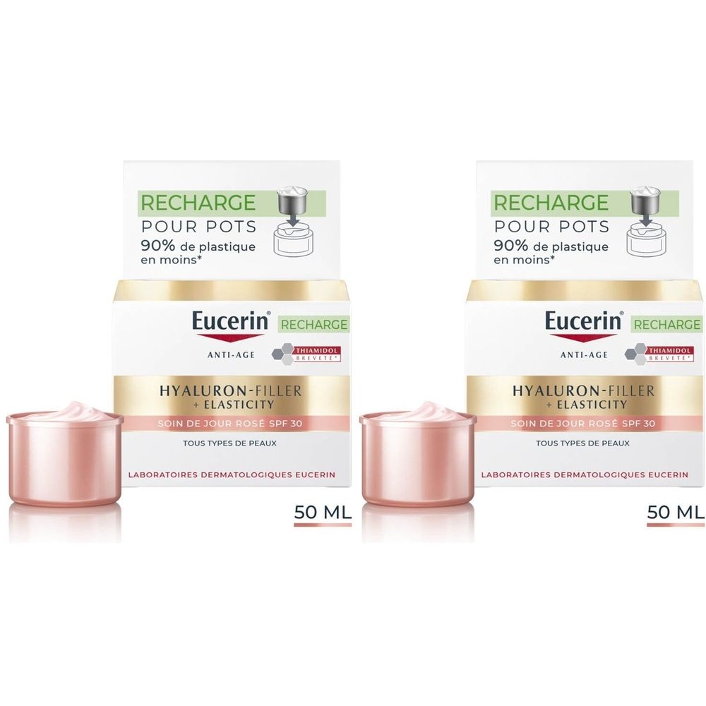 Deux pots de crème et emballages. Inscription: Eucerin Hyaluron-Filler + Elasticity Recharge Soin de jour Rosé SPF30.