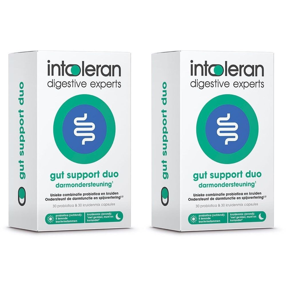 Twee witte dozen met groen-blauw logo. Opschrift: Intoleran digestive experts, Gut Support Duo. Bevat 30 probiotica & 30 capsules.
