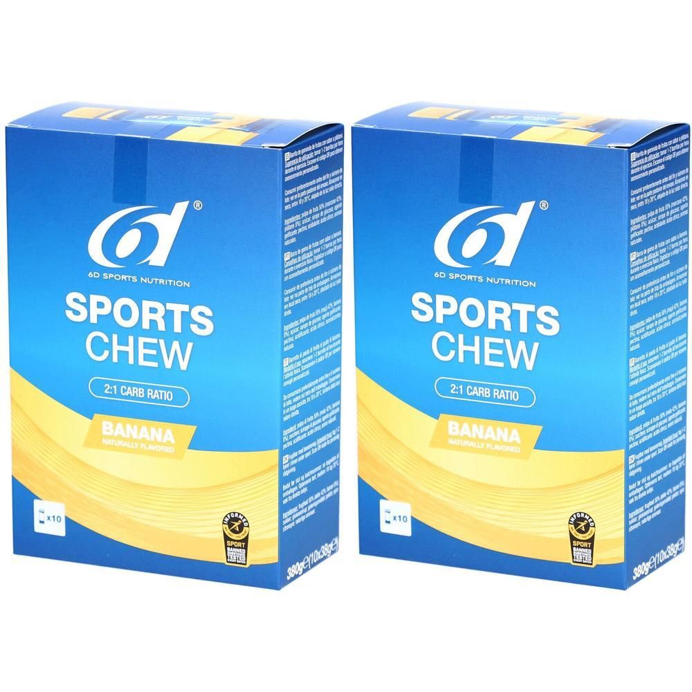 Deux boîtes bleues "6D Sports Chew". Goût banane. Marque de qualité dorée.