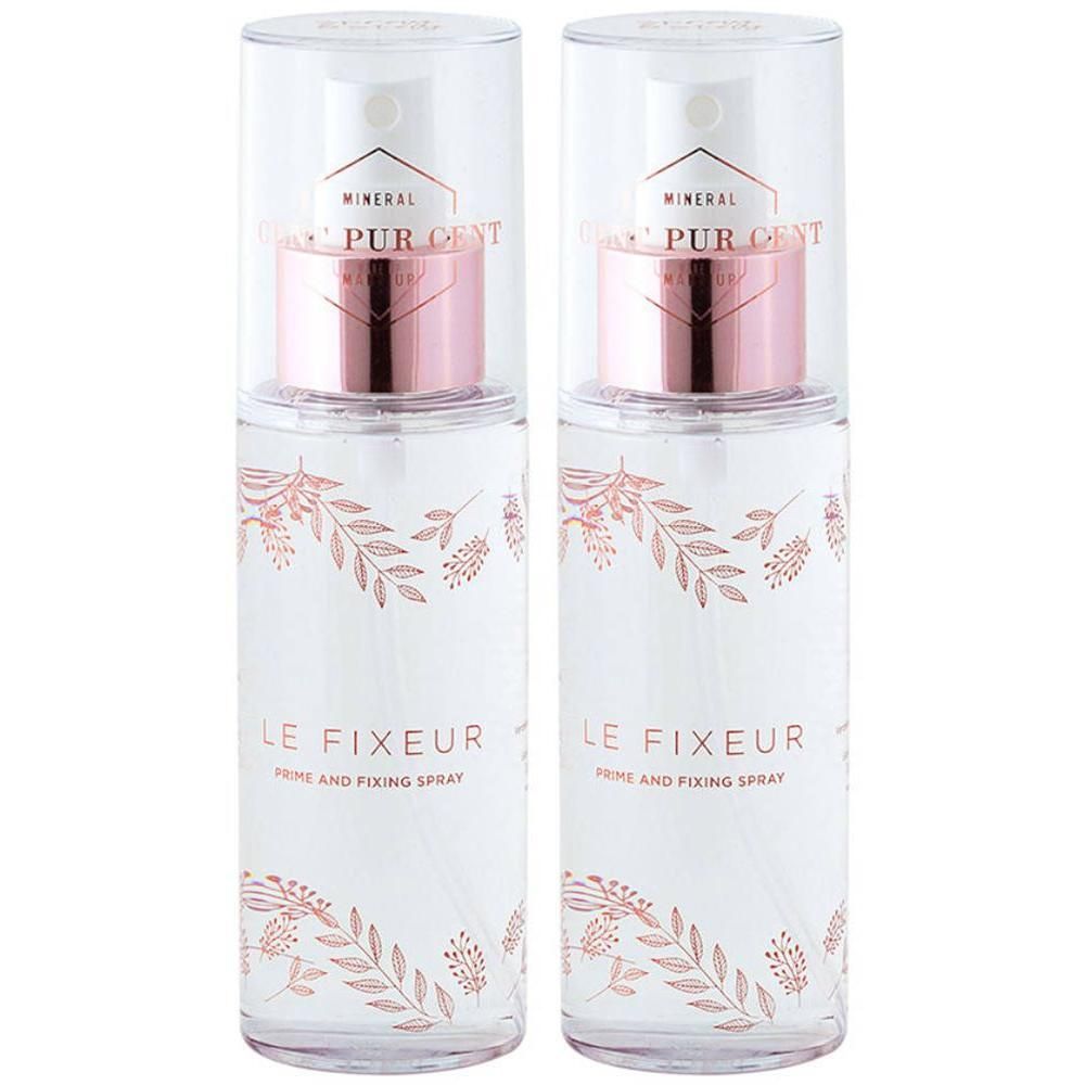 Deux flacons vaporisateurs avec détails or rose. Inscription: LE FIXEUR, PRIME AND FIXING SPRAY. Décor floral.