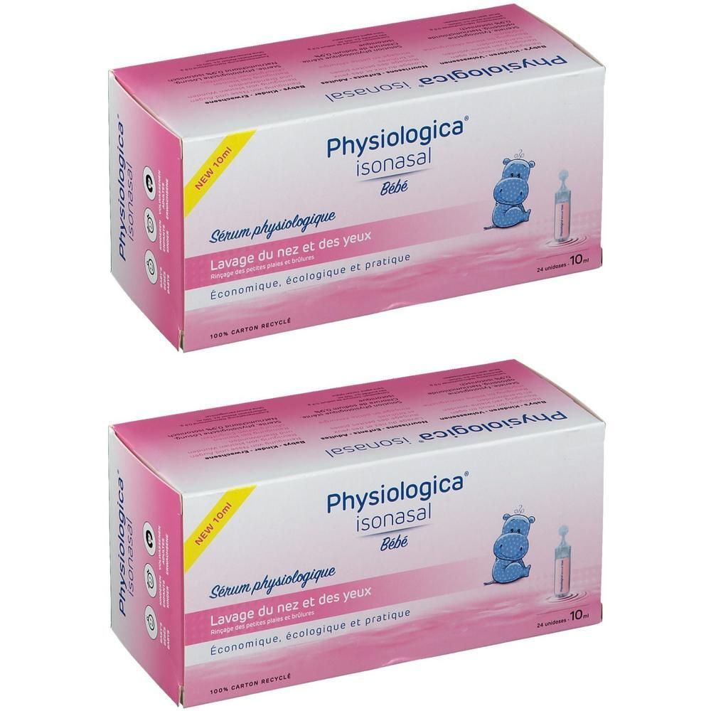 Twee dozen PHYSIOLOGICA ISONASAL. Roze-witte verpakking met productnaam en illustraties. Bevat 24 doses.