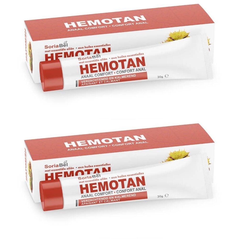 Twee tubes HEMOTAN met rode dop en dozen. Opschrift ANAAL COMFORT. Merk Soria Bel.