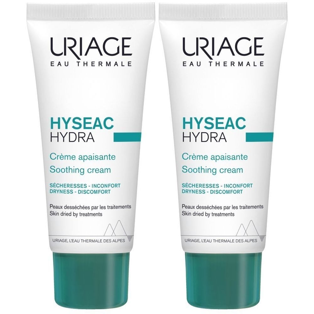 Twee tubes Uriage Hyseac Hydra Crème Apaisante. Witte tubes met groene accenten. Tekst: Hyseac Hydra, Crème apaisante, Soothing cream.