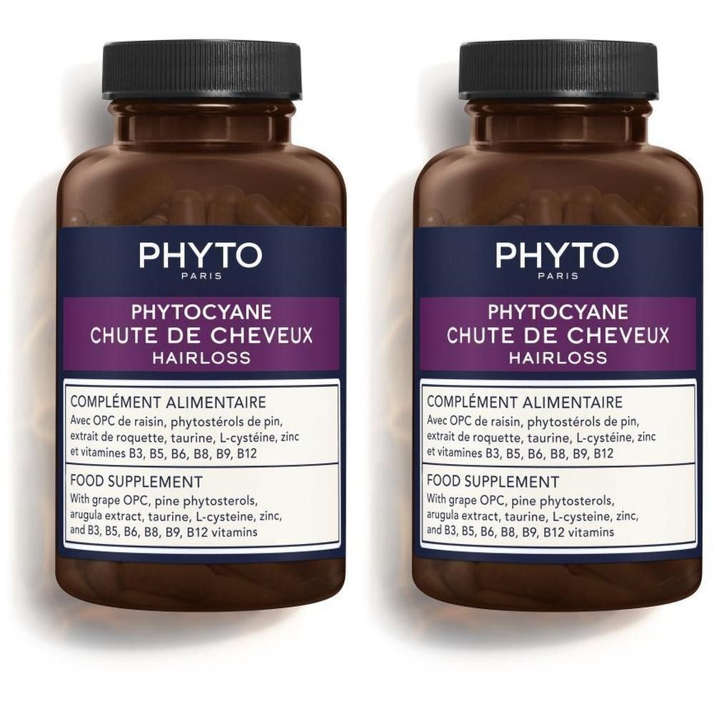 Deux flacons de gélules brunes. Inscription: PHYTOCYANE CHUTE DE CHEVEUX. Complément alimentaire.