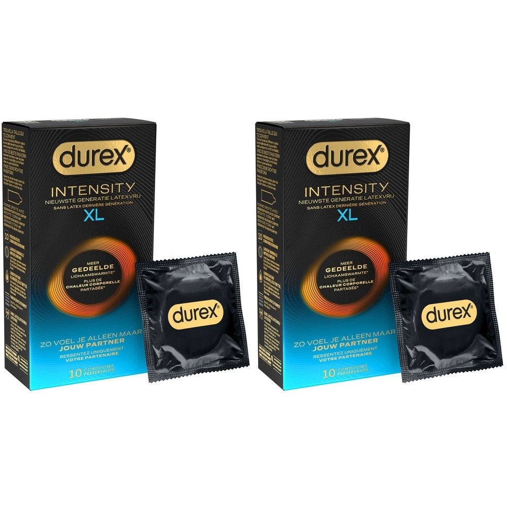 Deux boîtes et préservatifs. Emballage noir avec logo Durex et nom du produit. Taille XL. Préservatifs individuels.