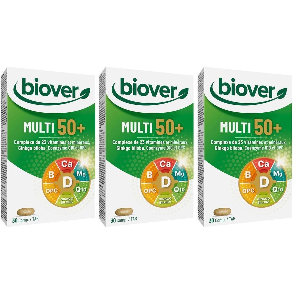 Drie dozen Biover Multi 50+. Opschrift: Multi 50+, complex van 23 vitaminen en mineralen. Bevat Ginkgo biloba, Co-enzym Q10 en OPC. 30 tabletten.