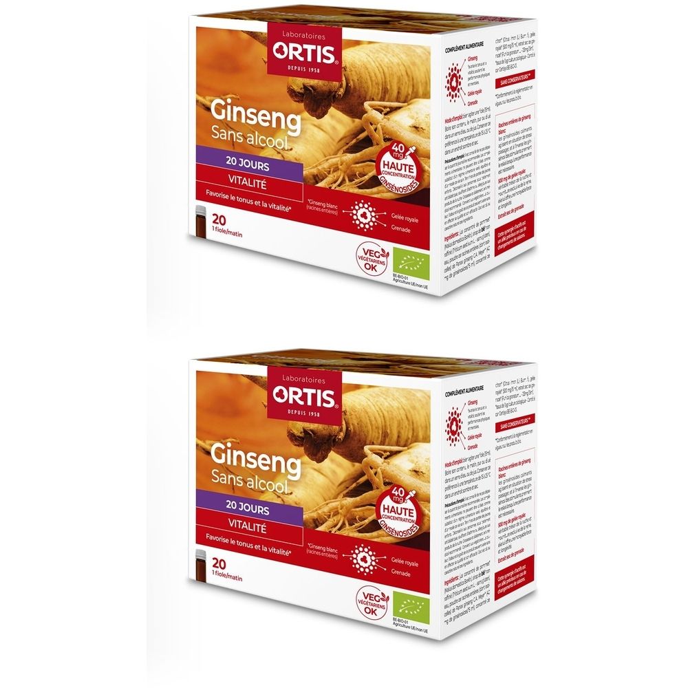 Twee dozen "ORTIS Ginseng". Opschriften: "Sans alcool", "20 JOURS", "VITALITE". Met het VEG OK-label.