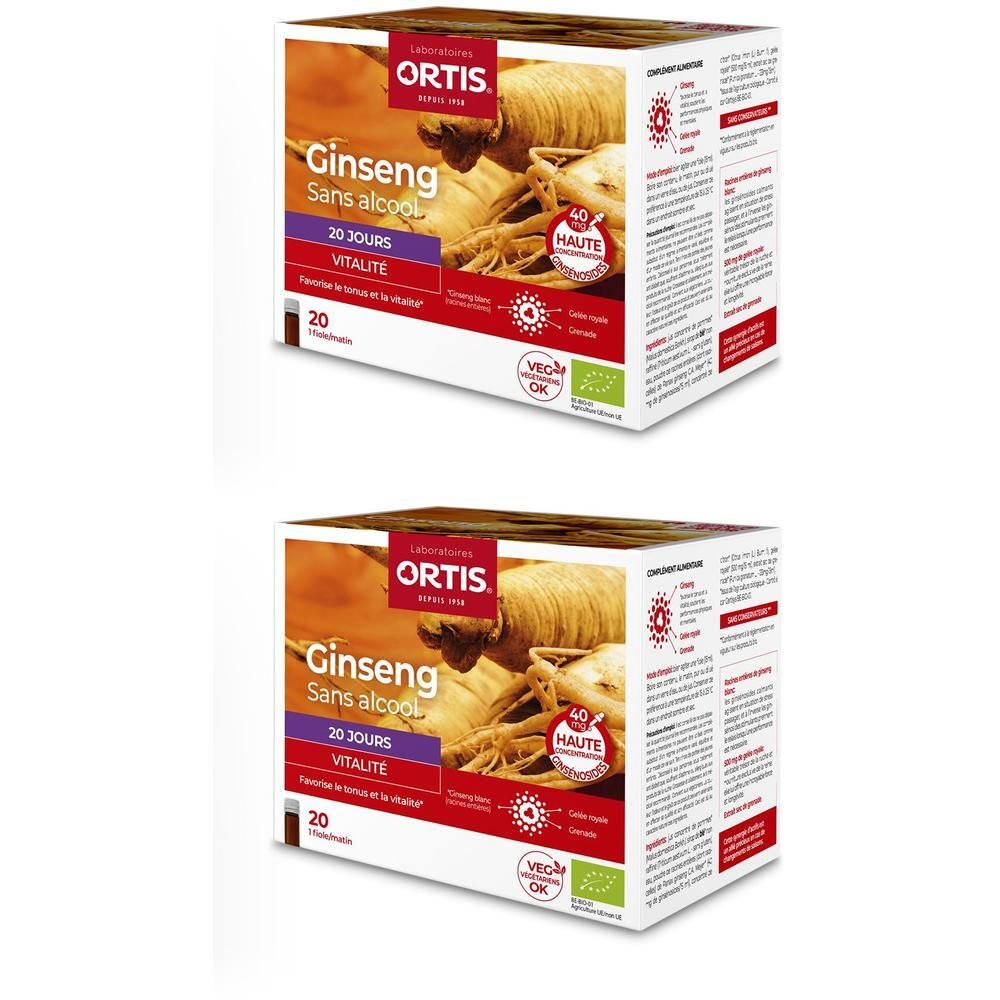 Twee dozen Ortis® Ginseng Bio. Opschrift: Ginseng, sans alcool, 20 jours, Vitalité. Met bio-label en VEG-OK.