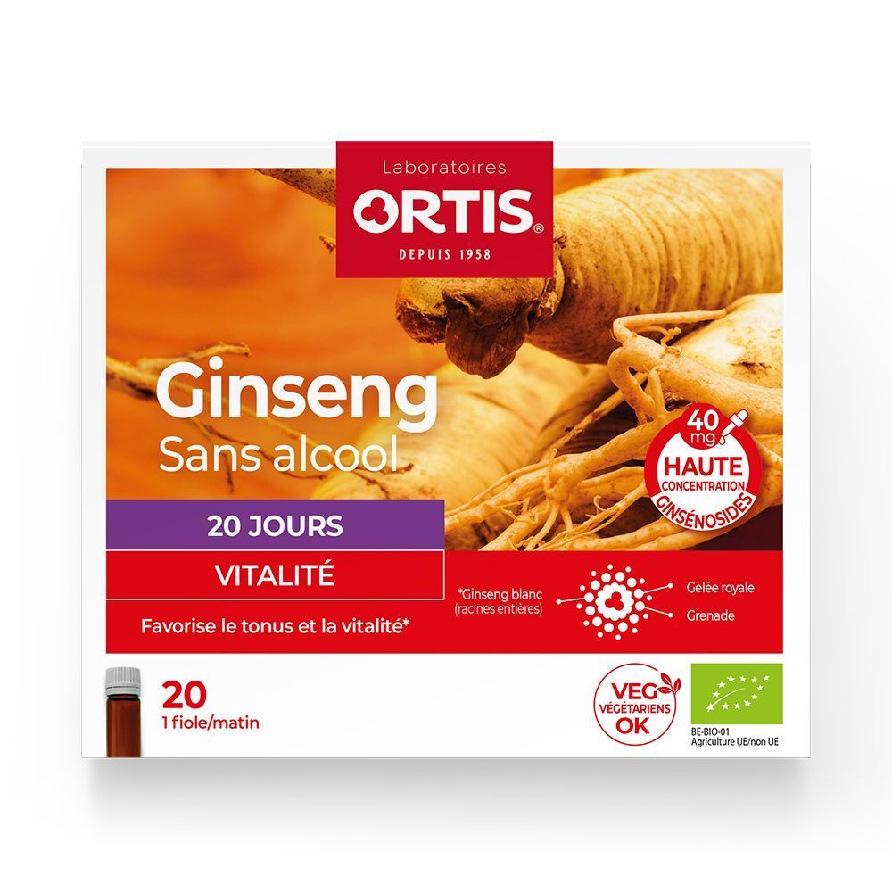 Ortis® Ginseng Bio verpakking. Opschrift: Ginseng, sans alcool, 20 jours, Vitalité. Met bio-label en VEG-OK. Eén ampul zichtbaar.