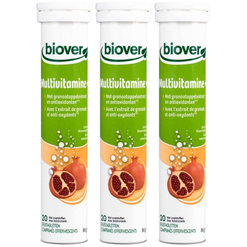 Drie witte buizen met groene en oranje etiketten. Opschrift: Biover Multivitamine. Met granaatappelextract en antioxidanten. 20 bruistabletten.
