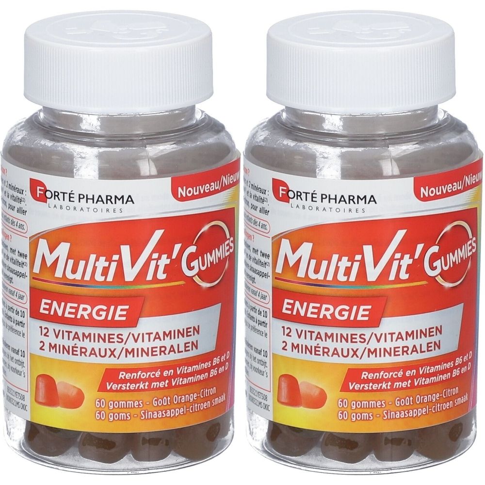 Twee flessen multivitamine gummies. Opschrift: MultiVit' Gummies Energie, 12 vitaminen, 2 mineralen. Merk: Forté Pharma.
