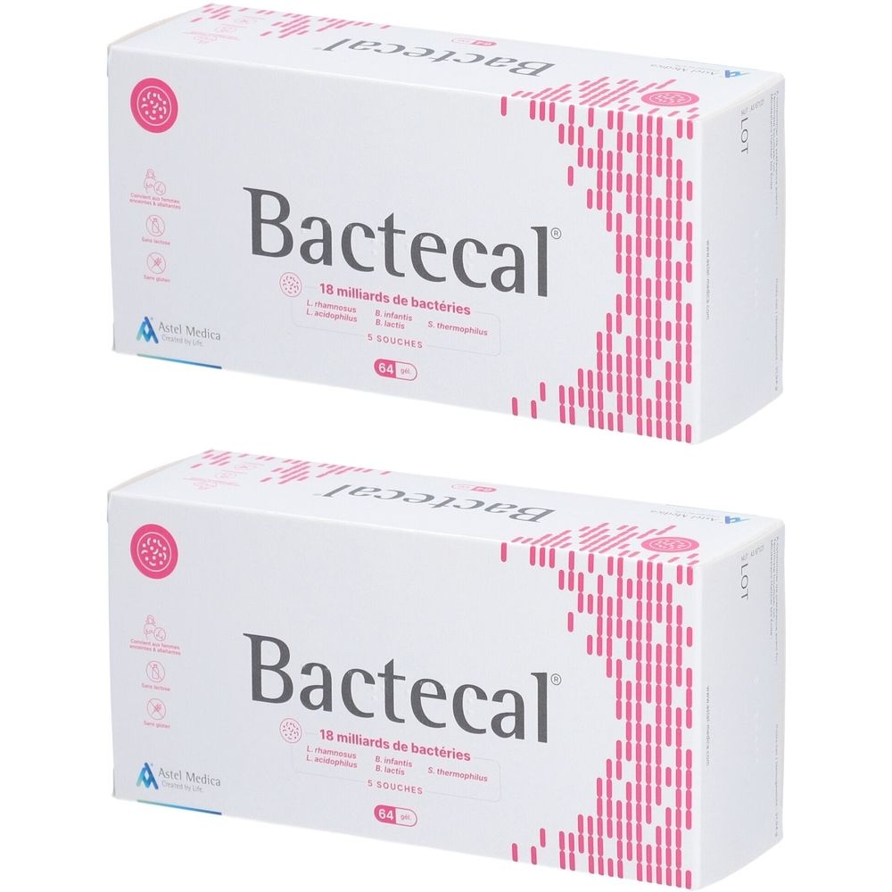 Twee witte dozen met roze accenten. Opschrift Bactecal, 18 miljard bacteriën, 64 capsules. Axel Medica logo.