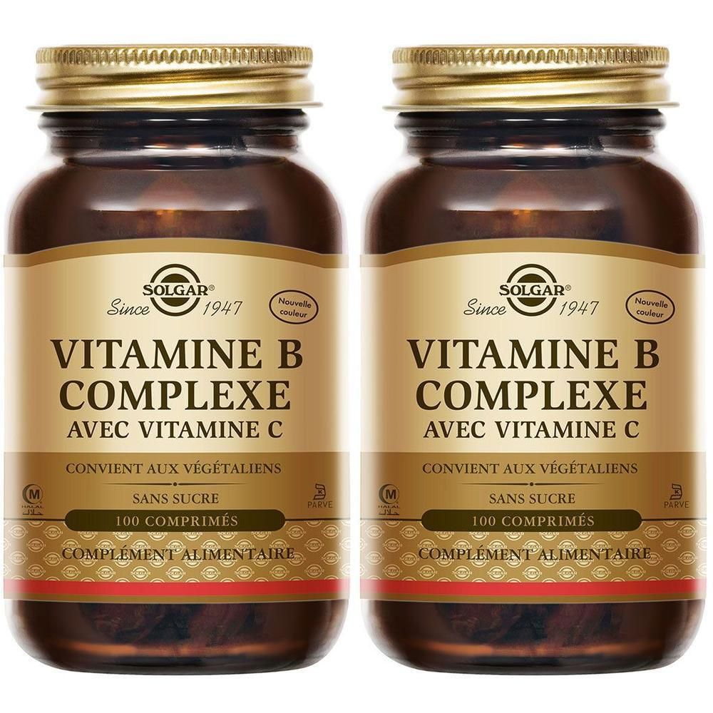Twee bruine glazen flessen met gouden doppen. Opschrift: Vitamin B Complexe avec Vitamine C, 100 comprimés. Merk: Solgar.